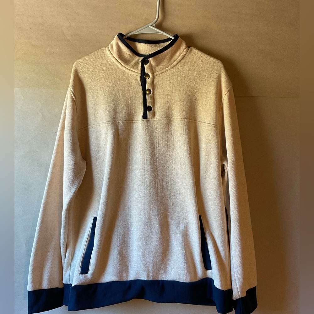 Royal Class cream Henley snap button high neck knit pullover. Men’s Size XL